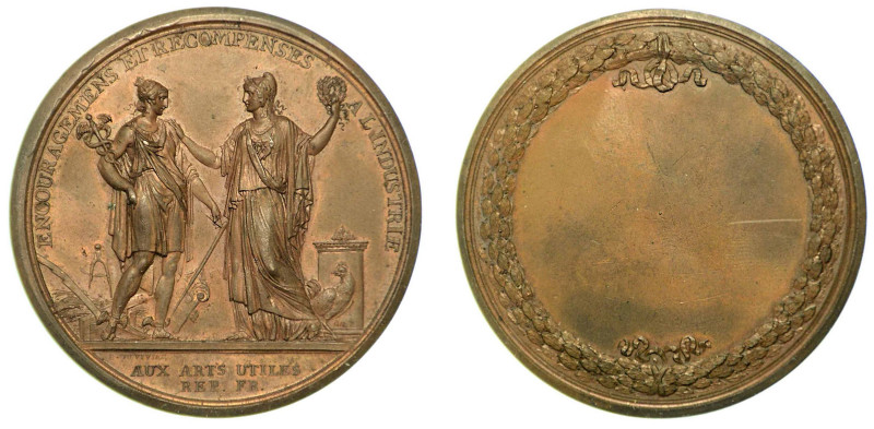 "ALLE ARTI UTILI". Medaglia in bronzo. La Libertà e L'Industria in piedi in pied...