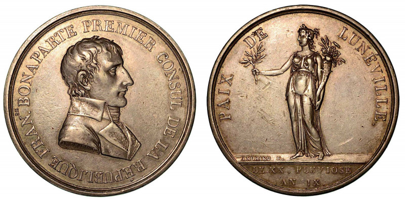 PACE DI LUNEVILLE. Medaglia in argento 1801. Busto a d. R/ La Pace in piedi tien...