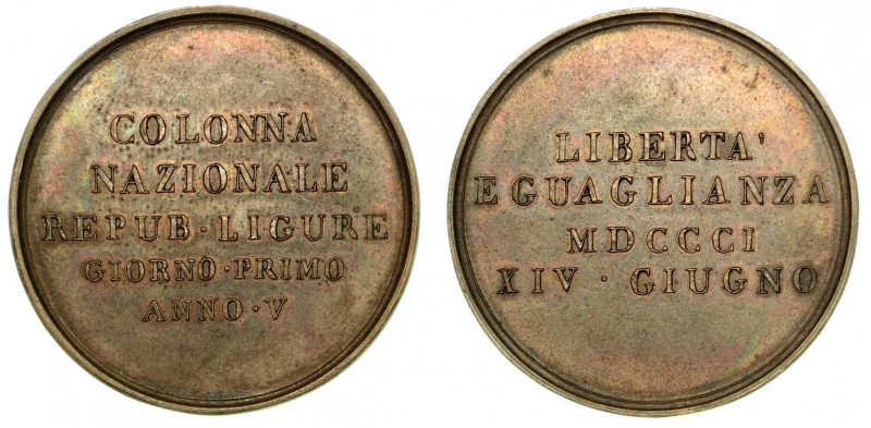 COLONNA NAZIONALE REPUBBLICA LIGURE. Medaglia in bronzo 1801. Legenda in cinque ...