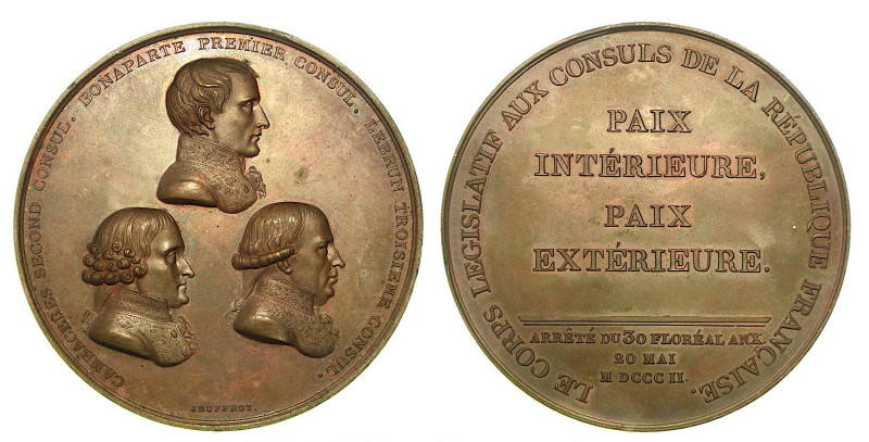 PACE DI AMIENS. Medaglia in bronzo 1802. Nel centro i tre busti dei consoli Bona...