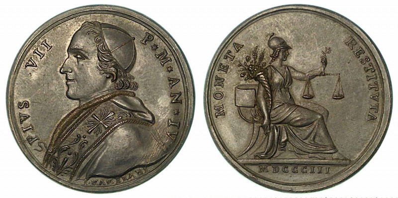 PIO VII, 1800-1823. RIFORMA DEL SISTEMA MONETARIO. Medaglia in bronzo anno IV (1...