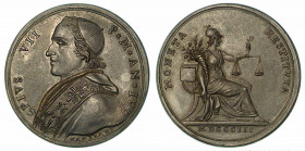 PIO VII, 1800-1823. RIFORMA DEL SISTEMA MONETARIO. Medaglia in bronzo anno IV (1803). Busto del Pontefice a s. R/ MONETA RESTITVTA La Giustizia seduta...