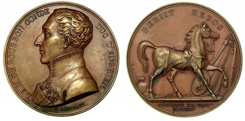 FUCILAZIONE DEL DUCA DI ENGHIEN. Medaglia di bronzo 1804. Busto del Duca a s. R/...