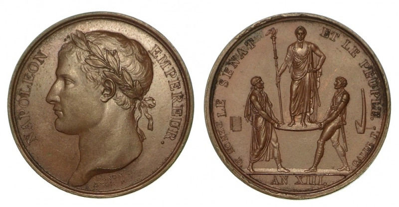 INCORONAZIONE DI NAPOLEONE A PARIGI. Medaglia in bronzo anno XIII (1804). Busto ...