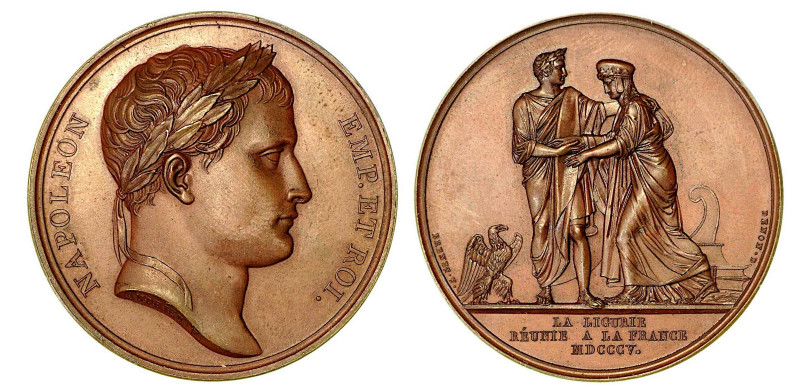 ANNESSIONE DELLA LIGURIA ALLA FRANCIA. Medaglia in bronzo 1805. Testa laureata a...