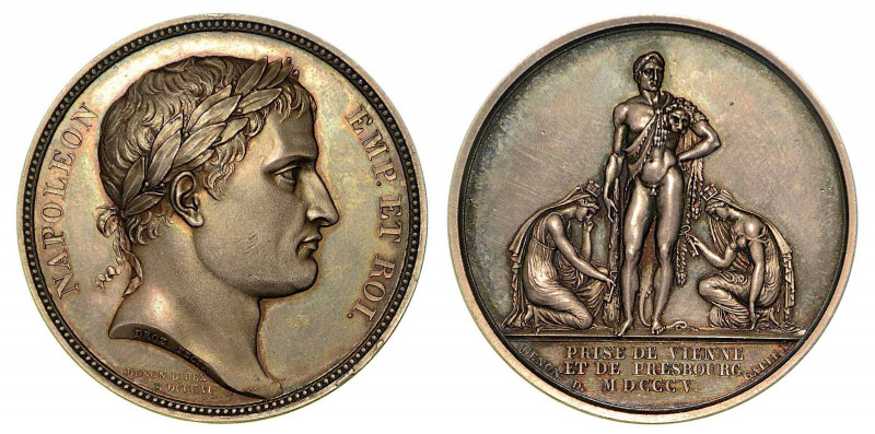 PRESA DI VIENNA E PRESBURGO. Medaglia in argento 1805, Parigi. Testa laureata a ...