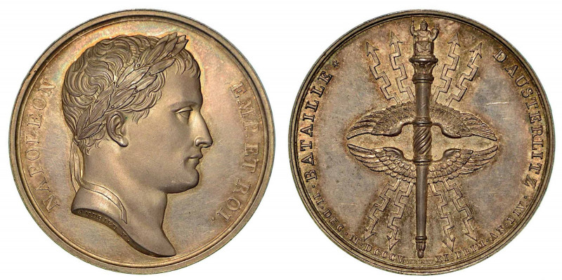 BATTAGLIA DI AUSTERLITZ. Medaglia in argento 1805. Nel centro testa a d. laureat...