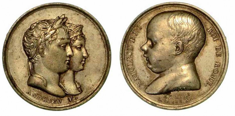 NASCITA DEL RE DI ROMA. Medaglia in argento 1811, Parigi. Teste a laureata accol...