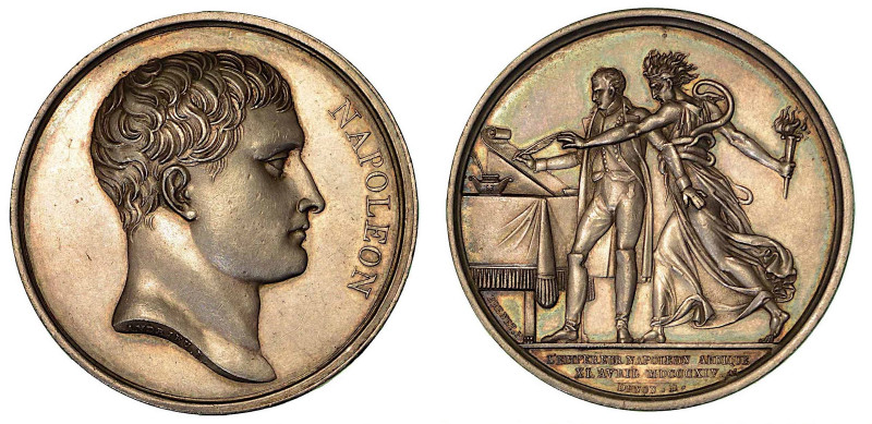 PRIMA ABDICAZIONE DI NAPOLEONE. Medaglia in argento 1814. Testa nuda a d. R/ Nap...