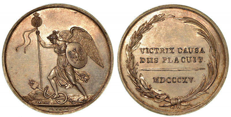 BATTAGLIA DI WATERLOO. Medaglia d'argento 1815. Vittoria con scudo prussiano e s...
