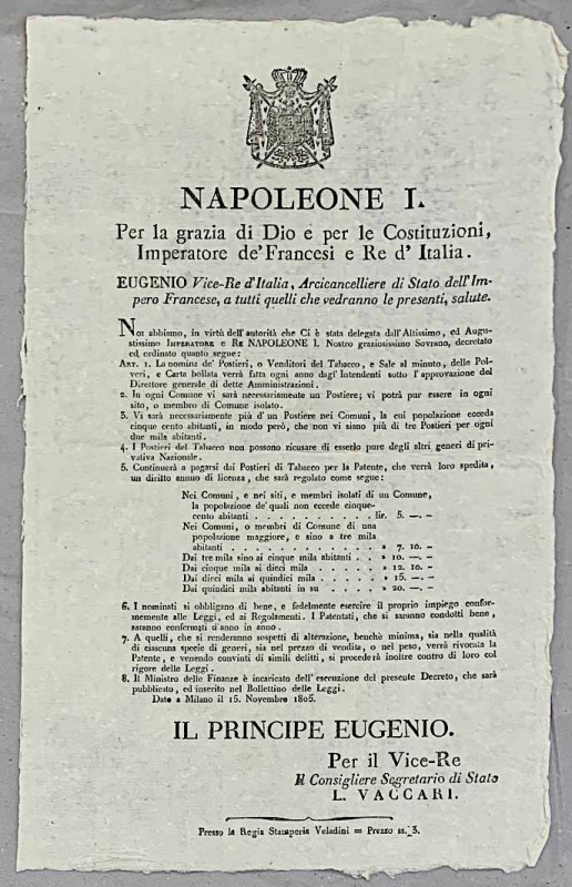 NAPOLEONE I, 1801-1815. Nomina dei Postieri del Regno e loro compenso. Documento...