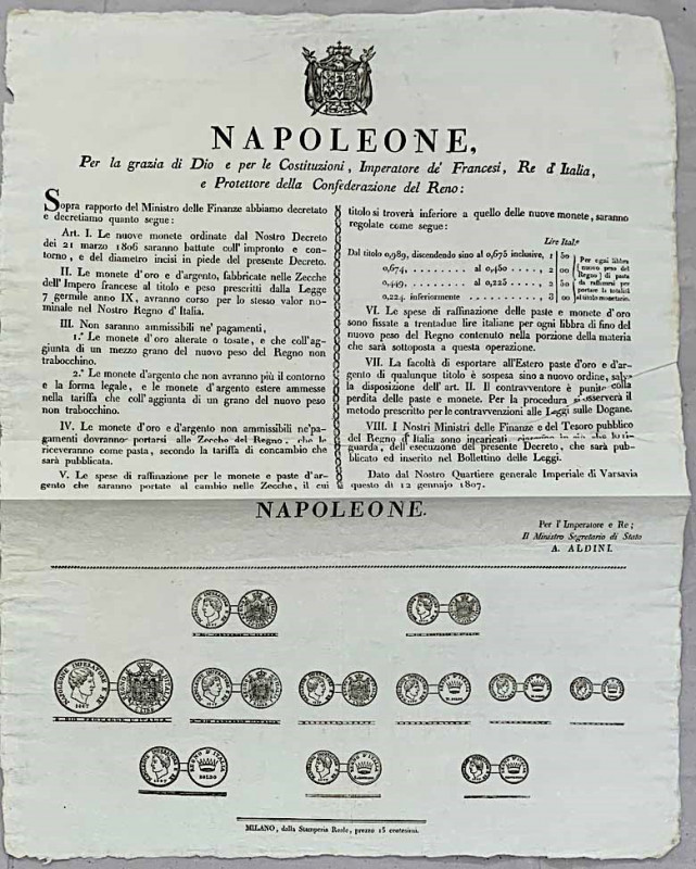 NAPOLEONE I, 1801-1815. Nuove norme sulla coniazione e circolazione delle monete...