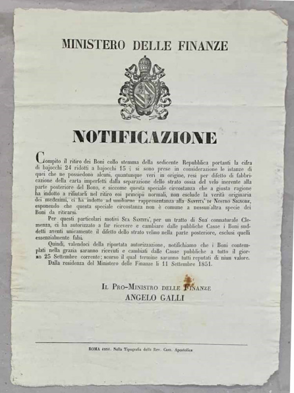 PIO IX, 1846-1878. Ritiro e sostituzione dei Boni difettosi da 24 baiocchi ridot...