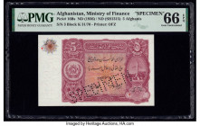 Afghanistan Ministry of Finance 5 Afghanis ND (1936) / ND (SH1315) Pick 16Bs Specimen PMG Gem Uncirculated 66 EPQ. Roulette Specimen punch.

HID098012...