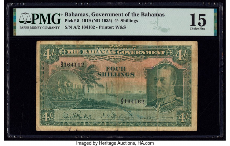 Bahamas Bahamas Government 4 Shillings 1919 (ND 1935) Pick 5 PMG Choice Fine 15....