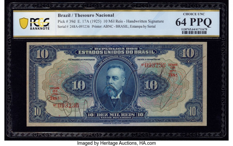 Brazil Thesouro Nacional 10 Mil Reis ND (1925) Pick 39d PCGS Banknote Choice UNC...