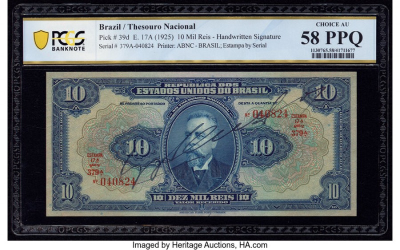 Brazil Thesouro Nacional 10 Mil Reis ND (1925) Pick 39d PCGS Banknote Choice AU ...