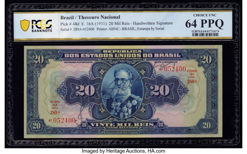 Brazil Thesouro Nacional 20 Mil Reis ND (1931) Pick 48d PCGS Banknote Choice UNC...