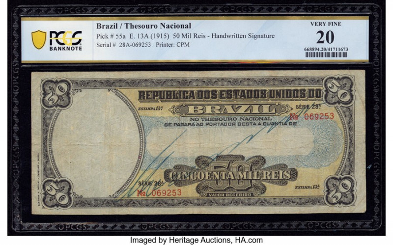 Brazil Thesouro Nacional 50 Mil Reis ND (1915) Pick 55a PCGS Banknote Very Fine ...