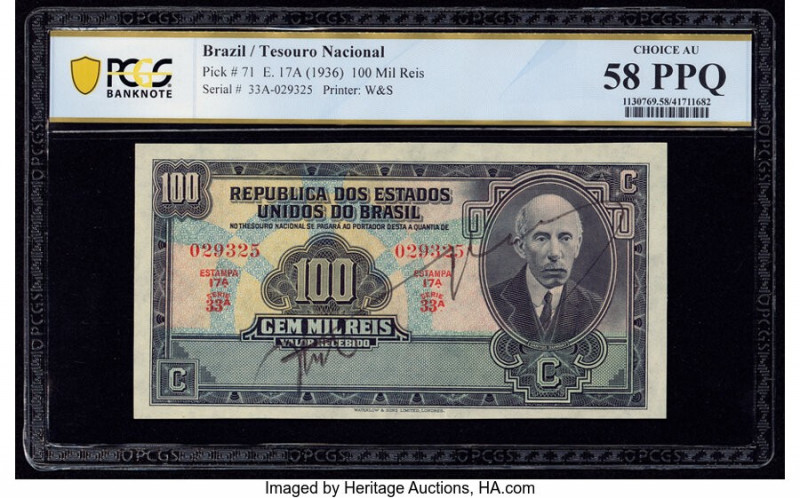 Brazil Thesouro Nacional 100 Mil Reis ND (1936) Pick 71 PCGS Banknote Choice AU ...