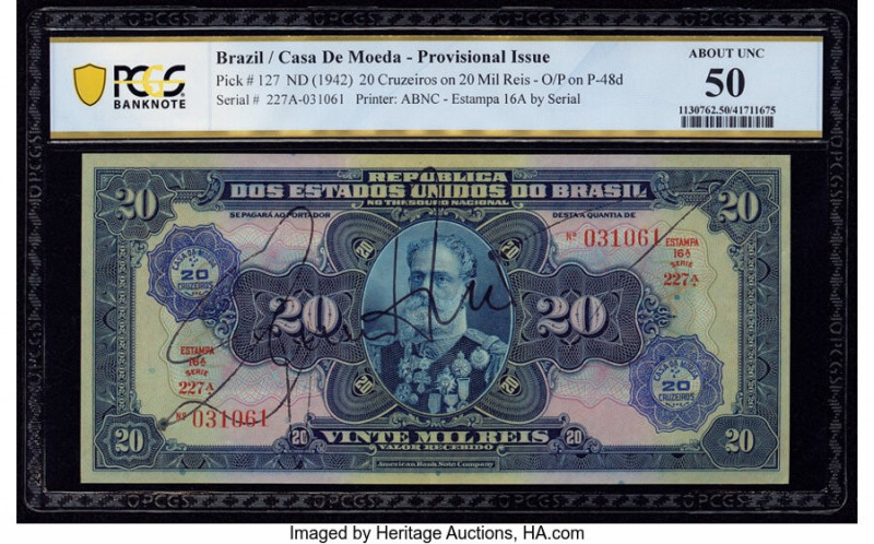 Brazil Banco do Brasil 20 Cruzeiros on 20 Mil Reis ND (1942) Pick 127 PCGS Bankn...