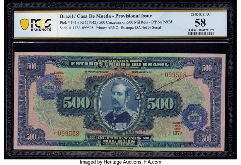 Brazil Banco do Brasil 500 Cruzeiros on 500 Mil Reis ND (1942) Pick 131b PCGS Ba...