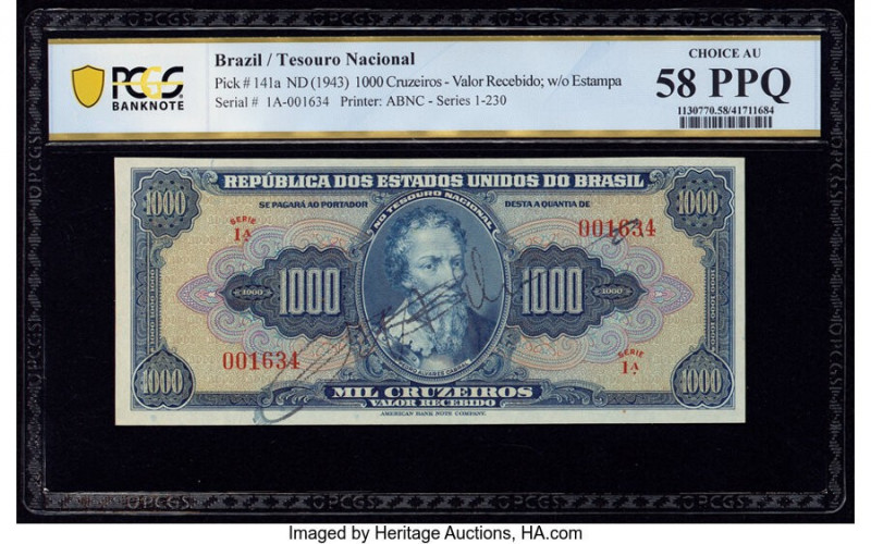 Brazil Tesouro Nacional 1000 Cruzeiros ND (1943) Pick 141a PCGS Banknote Choice ...