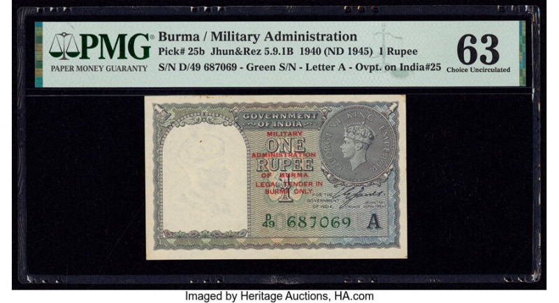 Burma Military Administration 1 Rupee 1940 (ND 1945) Pick 25b Jhun5.9.1B PMG Cho...