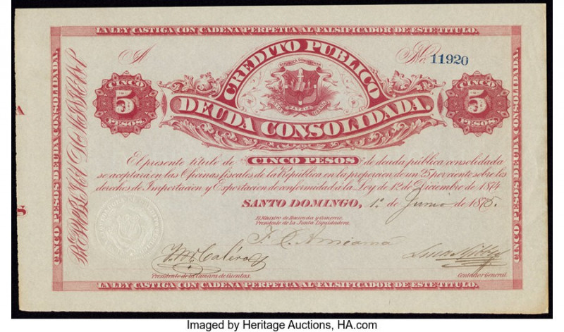 Dominican Republic Credito Publico-Deuda Consolidada 5 Pesos 1875-76 Pick S161 T...