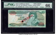 East Caribbean States Central Bank 5 Dollars ND (1986-88) Pick 18s Specimen PMG Gem Uncirculated 66 EPQ. Red Specimen & TDLR overprints along with one...