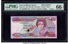 East Caribbean States Central Bank 20 Dollars ND (1987-88) Pick 19s Specimen PMG Gem Uncirculated 66 EPQ. Red Specimen & TDLR overprints along with on...