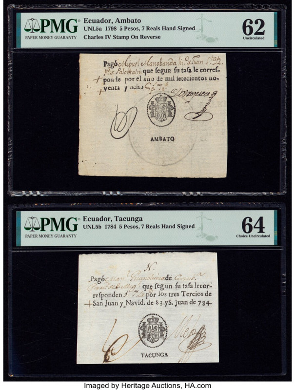 Ecuador Ambato; Tacunga 5 Pesos, 7 Reals Hand Signed 1798; 1784 Pick UNL5a; UNL5...