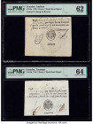 Ecuador Ambato; Tacunga 5 Pesos, 7 Reals Hand Signed 1798; 1784 Pick UNL5a; UNL5b Two Examples PMG Uncirculated 62; Choice Uncirculated 64. Pinholes a...