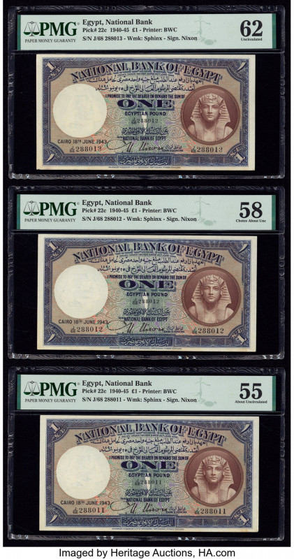Egypt National Bank of Egypt 1 Pound 18.6.1943 Pick 22c Three Examples PMG Uncir...