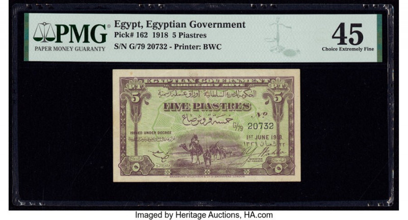 Egypt Egyptian Government 5 Piastres 1.6.1918 Pick 162 PMG Choice Extremely Fine...