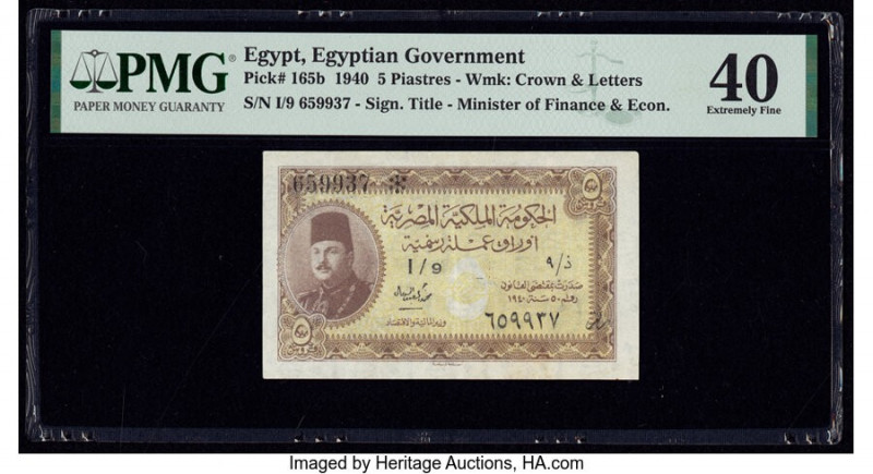 Egypt Egyptian Government 5 Piastres 1940 Pick 165b PMG Extremely Fine 40. 

HID...