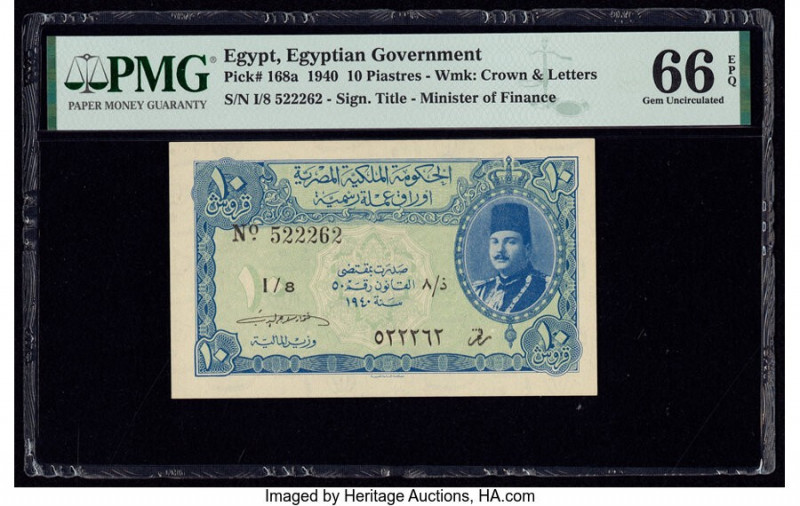 Egypt Egyptian Government 10 Piastres 1940 Pick 168a PMG Gem Uncirculated 66 EPQ...