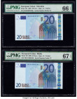 European Union Central Bank, Slovakia; Malta; Cyprus; France 20 Euro 2002 (3); 2015 Pick 10e; 10f; 16g; 22u Four Examples PMG Gem Uncirculated 66 EPQ ...