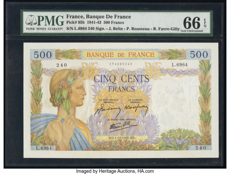 France Banque de France 500 Francs 1.10.1942 Pick 95b PMG Gem Uncirculated 66 EP...