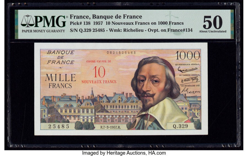 France Banque de France 10 Nouveaux Francs on 1000 Francs 7.3.1957 Pick 138 PMG ...