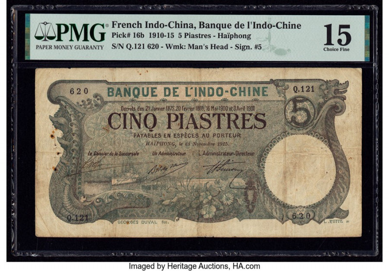 French Indochina Banque de l'Indo-Chine 5 Piastres 23.11.1915 Pick 16b PMG Choic...