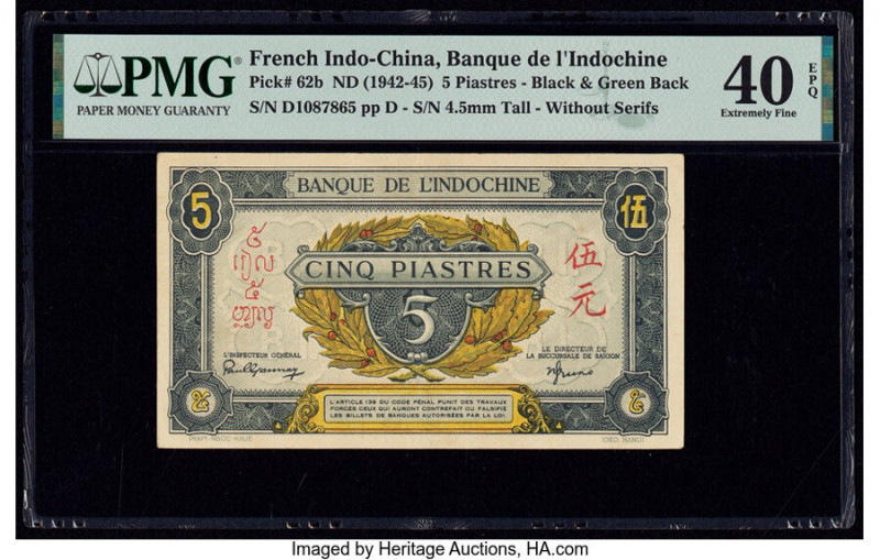 French Indochina Banque de l'Indo-Chine 5 Piastres ND (1942-45) Pick 62b PMG Ext...