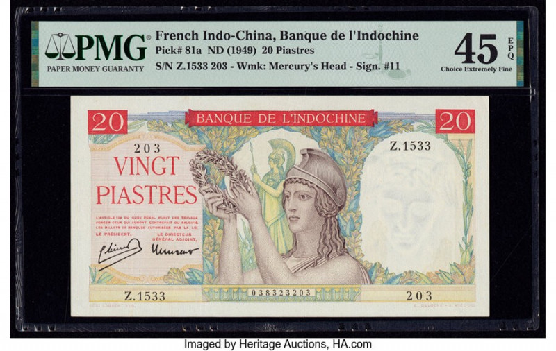 French Indochina Banque de l'Indo-Chine 20 Piastres ND (1949) Pick 81a PMG Choic...