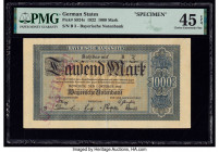 German States Bayerische Notenbank 1000 Mark 1.10.1922 Pick S924s Specimen PMG Choice Extremely Fine 45 EPQ. Red overprints and a roulette punch are v...