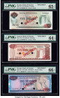 Guyana Bank of Guyana 5; 10; 100 Dollars ND (1966-92) (2); ND (1989) Pick 22s; 23s; 28s Three Specimen PMG Gem Uncirculated 65 EPQ; Choice Uncirculate...