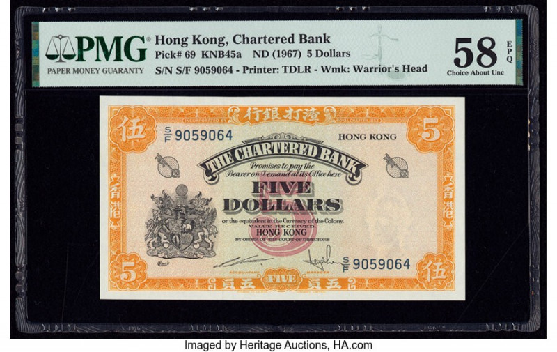 Hong Kong Chartered Bank 5 Dollars ND (1967) Pick 69 KNB45a PMG Choice About Unc...