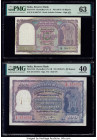 India Reserve Bank of India 10; 100 Rupees ND (1951); ND (1949-57) Pick 37b; 42b Two Examples PMG Choice Uncirculated 63; Extremely Fine 40. Staple ho...