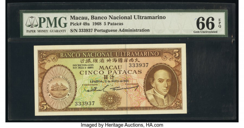 Macau Banco Nacional Ultramarino 5 Patacas 21.3.1968 Pick 49a KNB49a PMG Gem Unc...