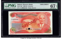 Malawi Reserve Bank of Malawi 5 Kwacha 1.3.1986 Pick 20s Specimen PMG Superb Gem Unc 67 EPQ. Red Specimen and TDLR overprints along with one POC.

HID...