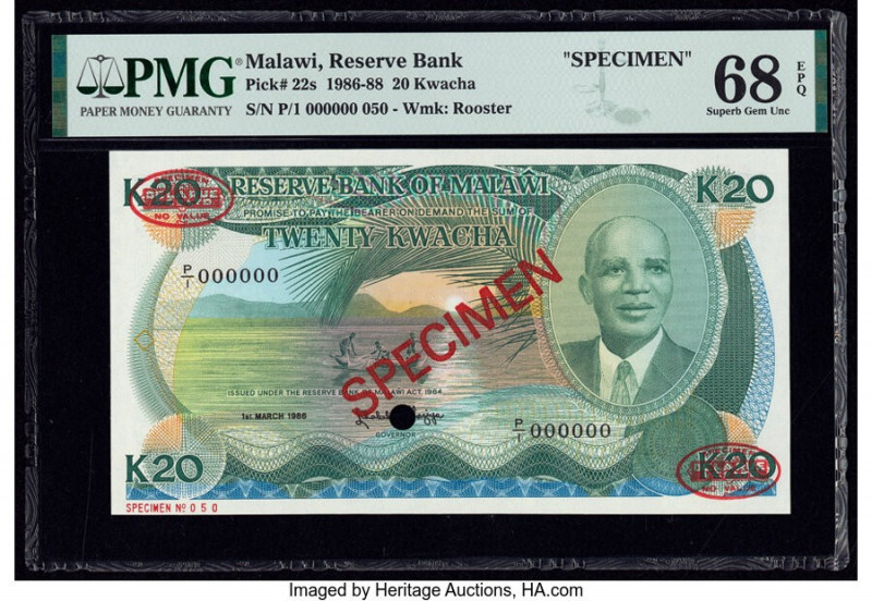 Malawi Reserve Bank of Malawi 20 Kwacha 1.3.1986 Pick 22s Specimen PMG Superb Ge...